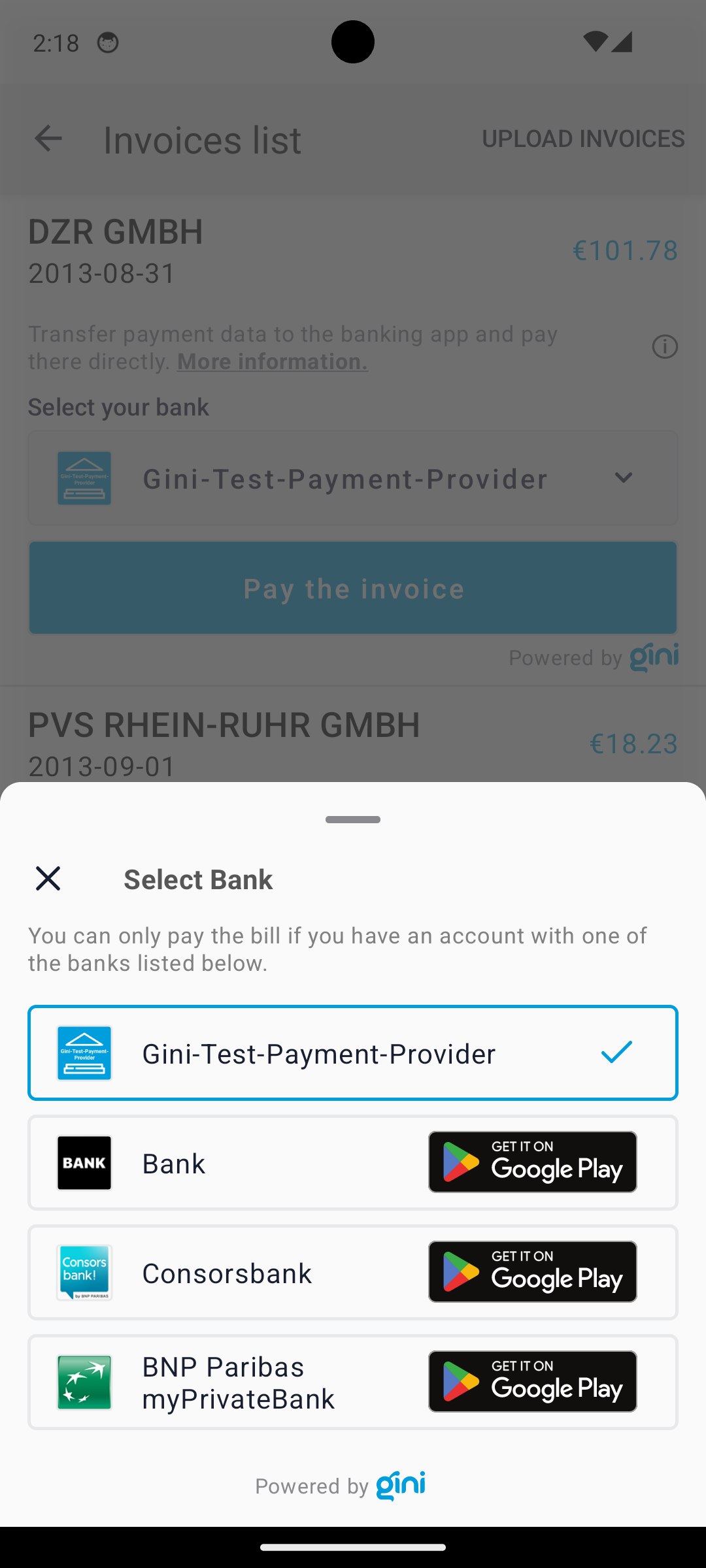 Screenshot of BankPickerBottomSheet where Gini-Test-Payment-Provider is selected.