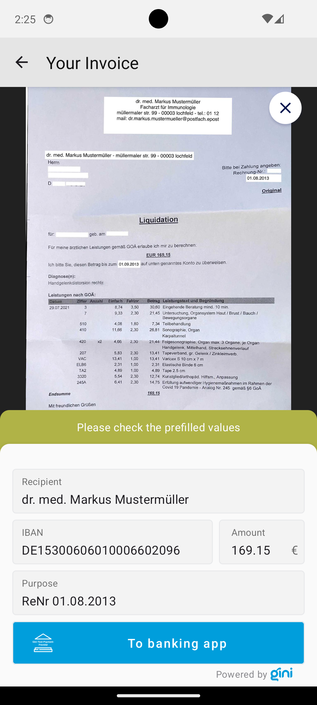 Screenshot of the Payment Review screen showing the Gini-Test-Payment-Provider.
