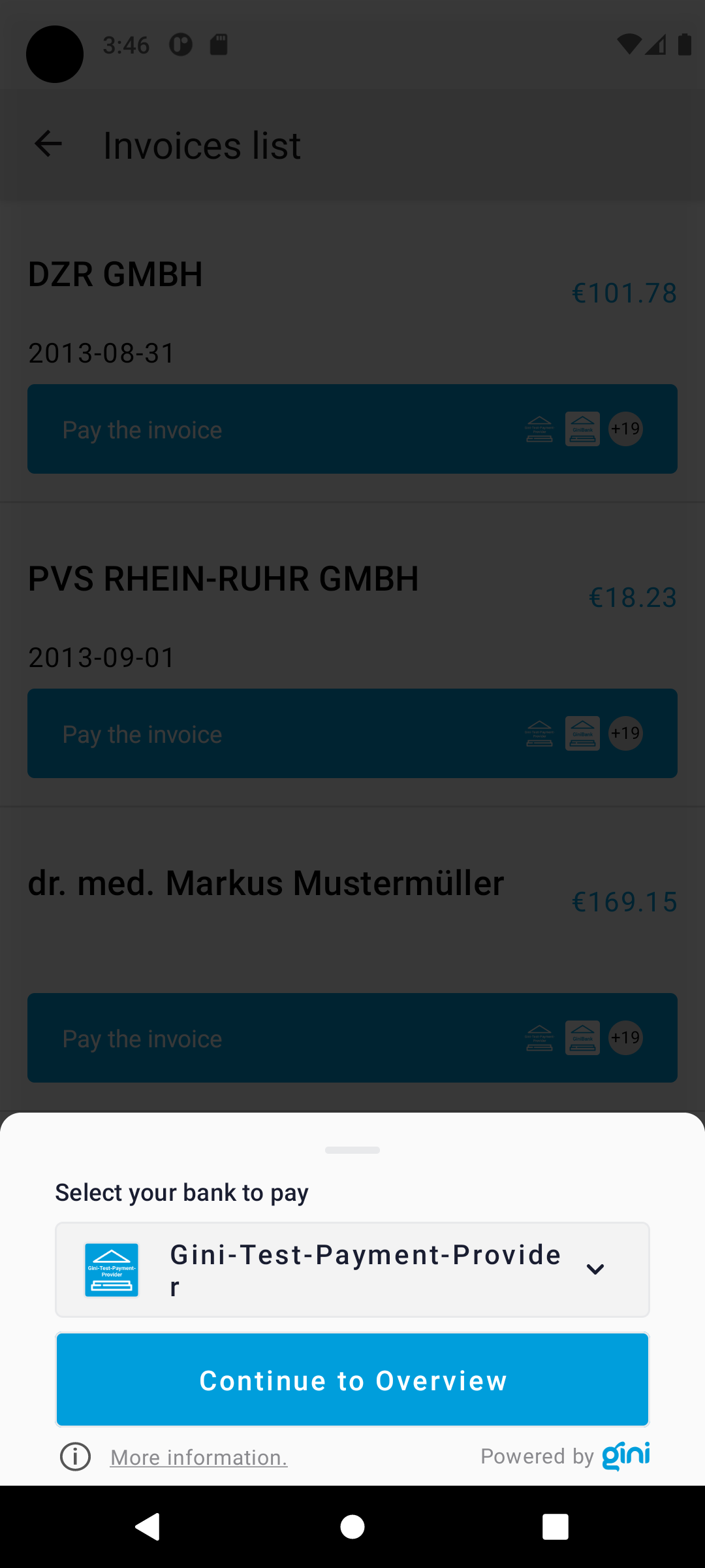 Screenshot of invoices list with PaymentComponentViews showing the Gini-Test-Payment-Provider.