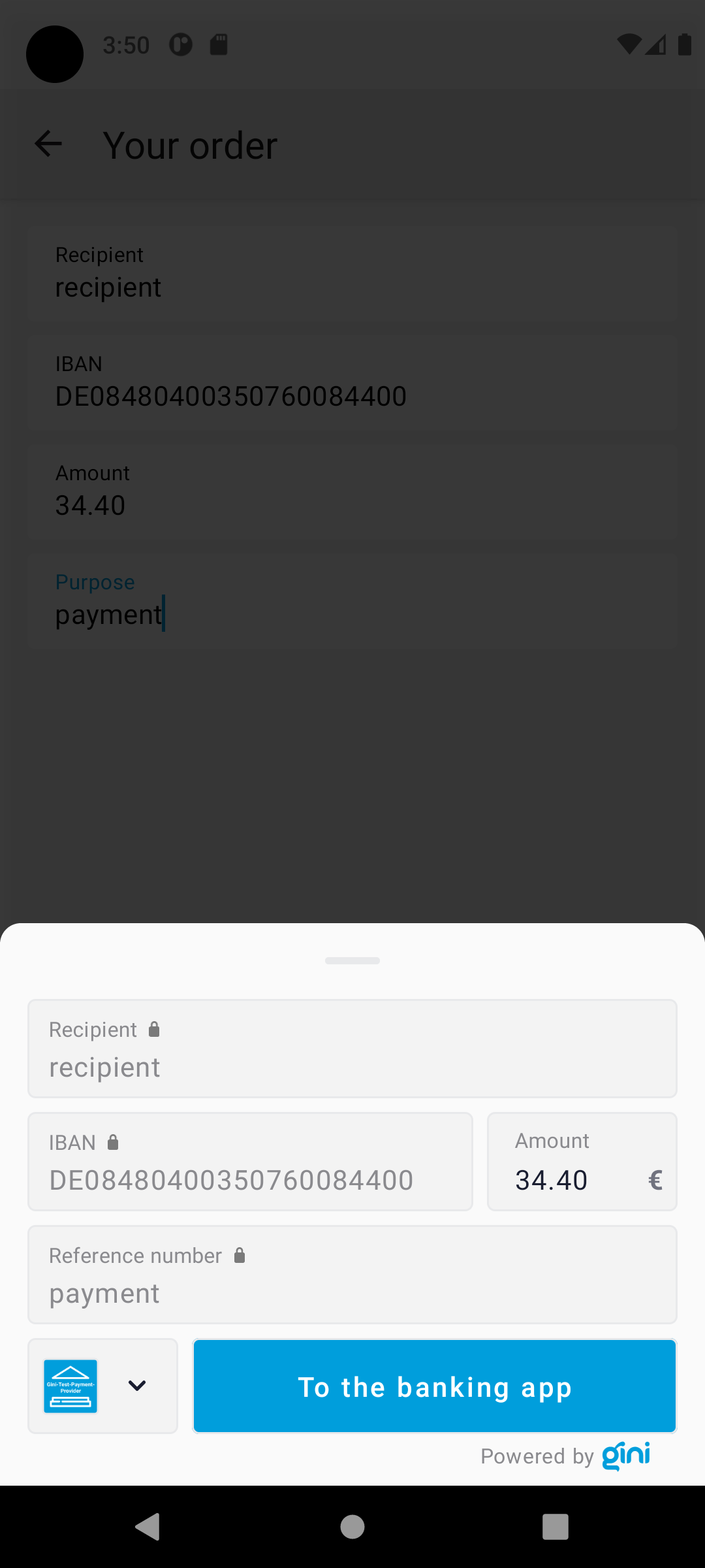 Screenshot of the Payment Review bottom sheet showing the Gini-Test-Payment-Provider.