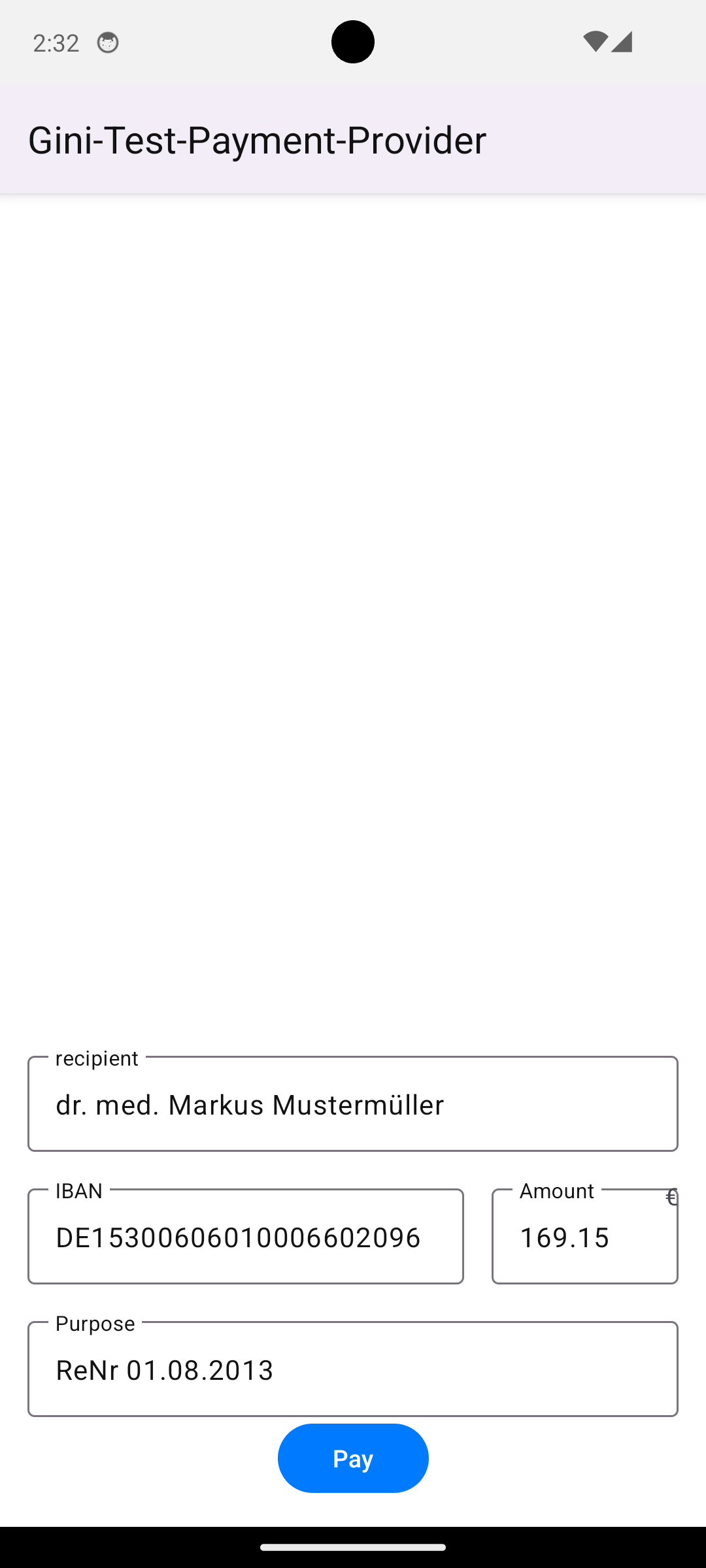 Screenshot of the example banking app showing the same payment information as the Payment Review screen previously.