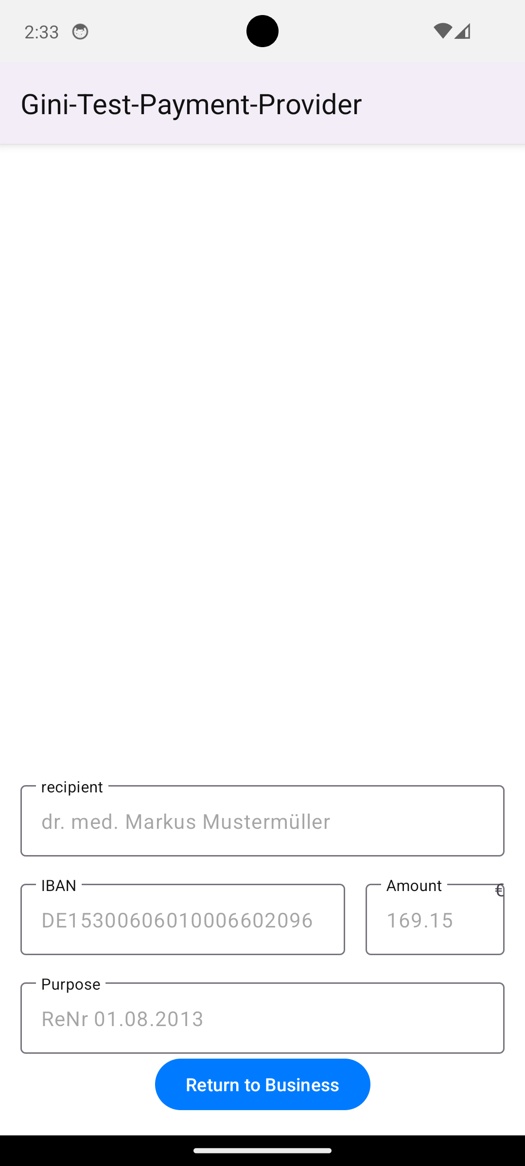 Screenshot of the example banking app showing the "Return to Business" button with the same extractions as previously.