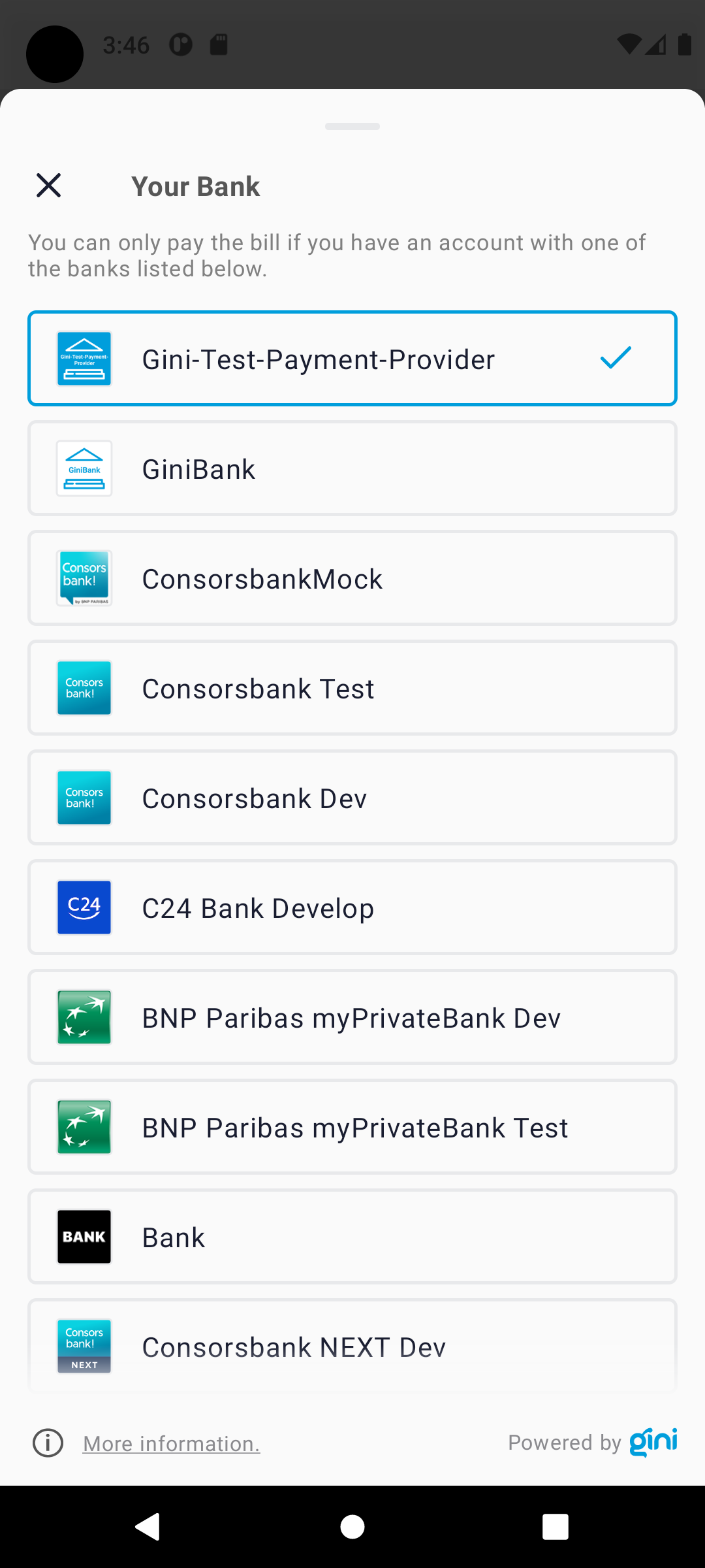 Screenshot of BankPickerBottomSheet where Gini-Test-Payment-Provider is selected.