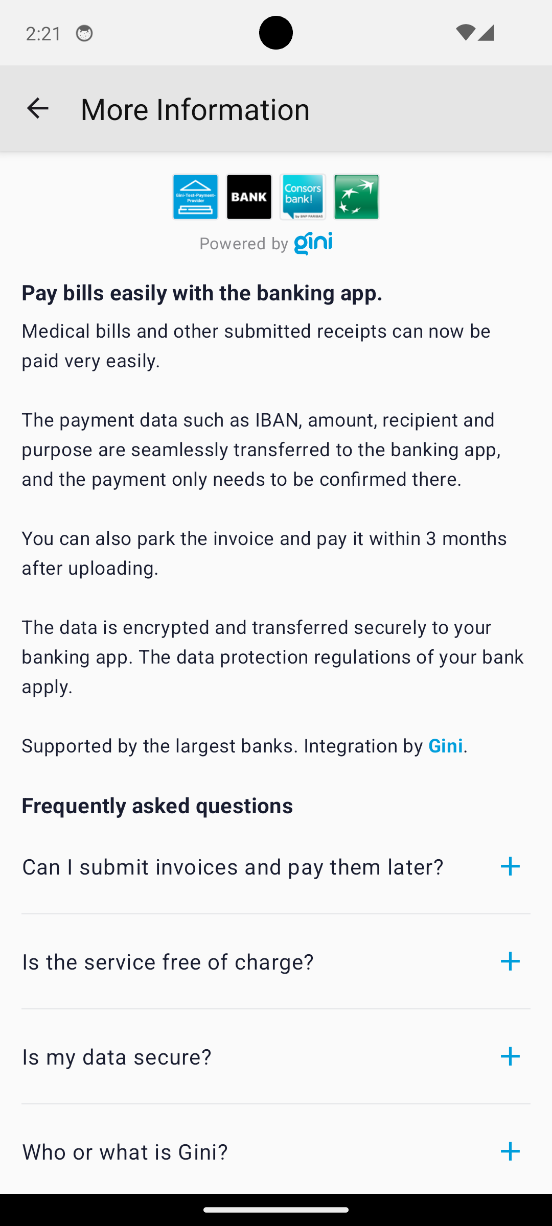 Screenshot of the More Information and FAQ screen.