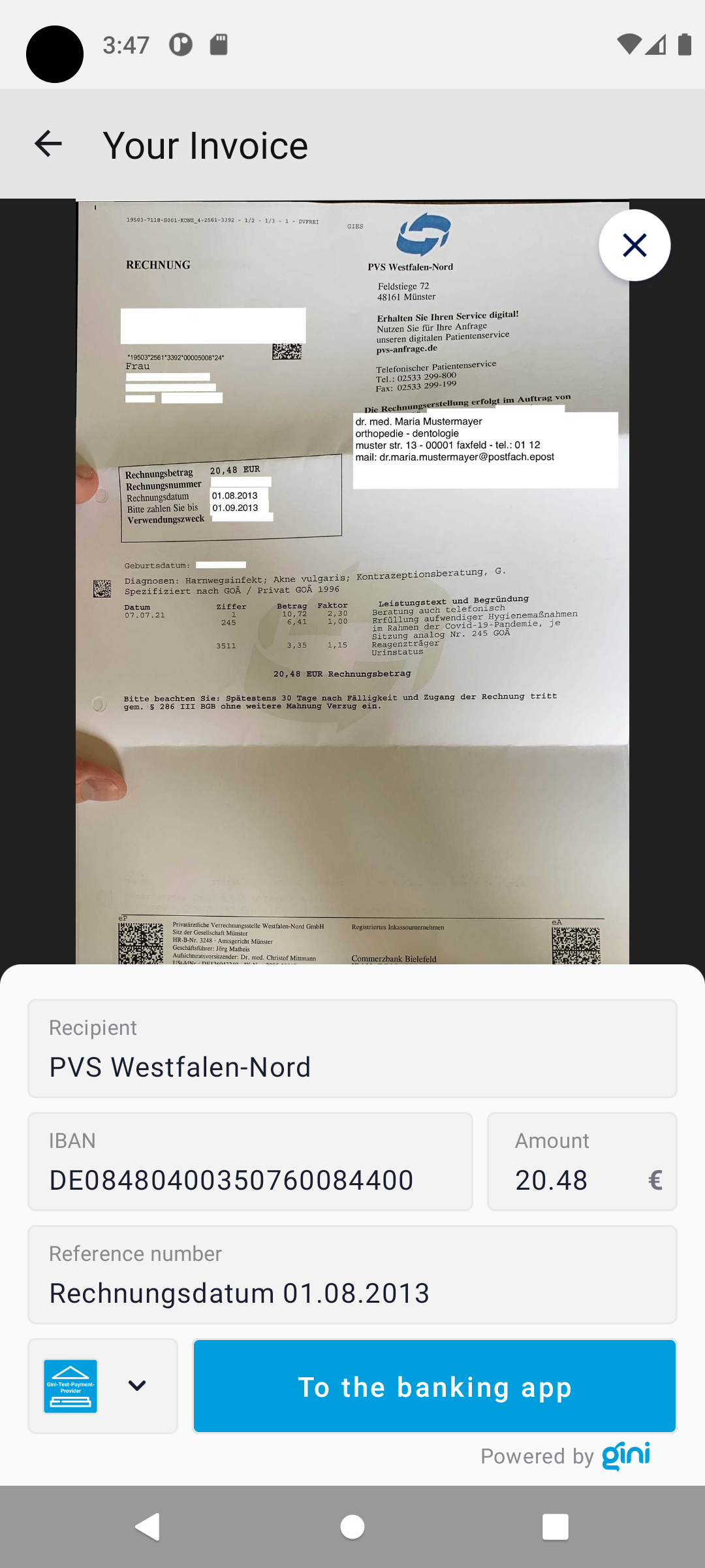 Screenshot of the Payment Review screen showing the Gini-Test-Payment-Provider.